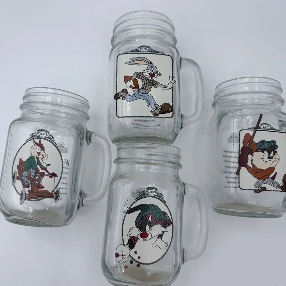 Warner Bros Looney Tunes Delancey‎ St Mason Jar Mug Set 1994 Glass Taz